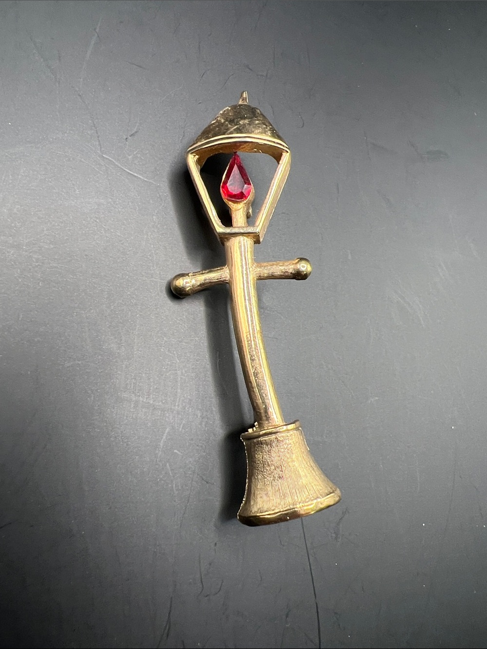 Gold-Tone Lamp Post Brooch with Red Teardrop Accent